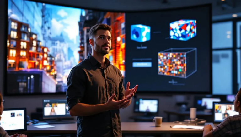 A virtual classroom interface displays a teacher explaining projection mapping concepts, with engaging visuals that help students understand this innovative technique. The scene captures the essence of a dynamic learning environment, where people can access free software and resources to enhance their projects and skills in projection mapping.
