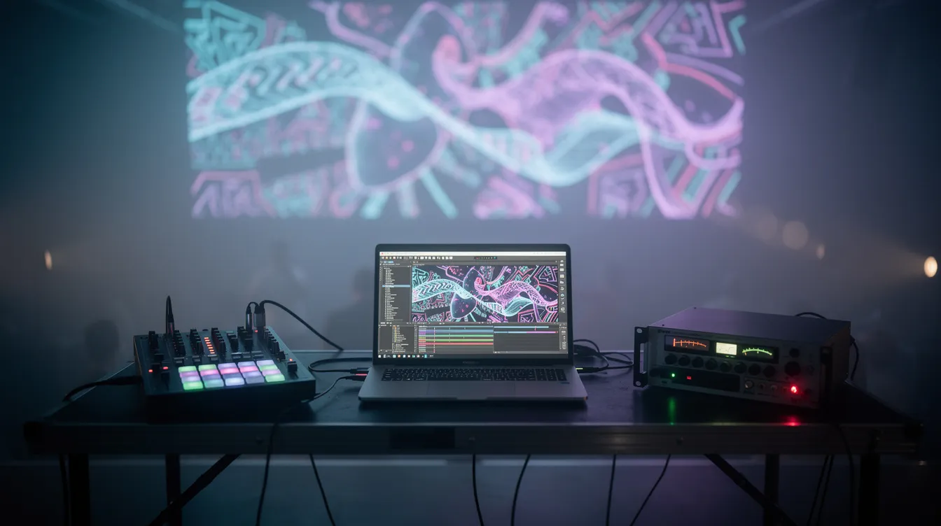 The image depicts a VJ setup featuring a laptop, MIDI controller, and audio interface arranged on a table, with vibrant projected visuals in the background that showcase the capabilities of projection mapping software. This setup is ideal for live performances and art installations, highlighting the seamless integration of video projections and advanced features for creative expression.