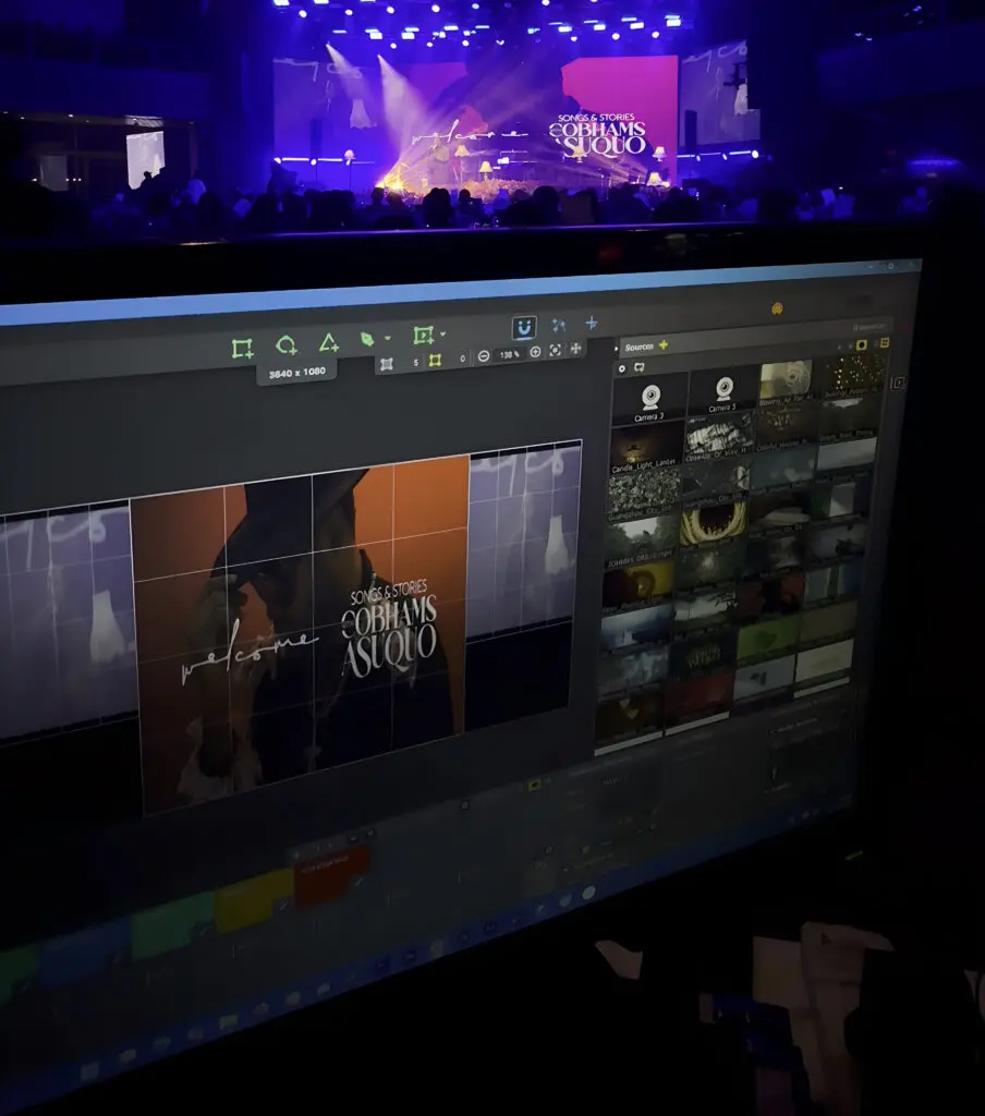 Close-up of HeavyM projection mapping software synchronizing live concert visuals with audio stems.