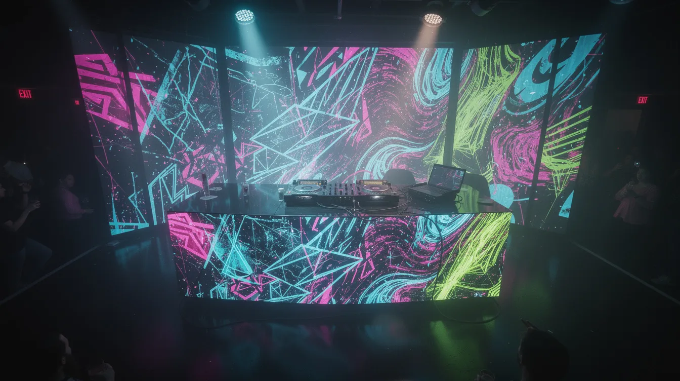 The image depicts a DJ booth surrounded by a dark club environment, illuminated by vibrant projection mapped visuals that create immersive experiences. The dynamic displays transform the ordinary surfaces of the booth into mesmerizing visual effects, captivating the audience with intricate patterns and colors.