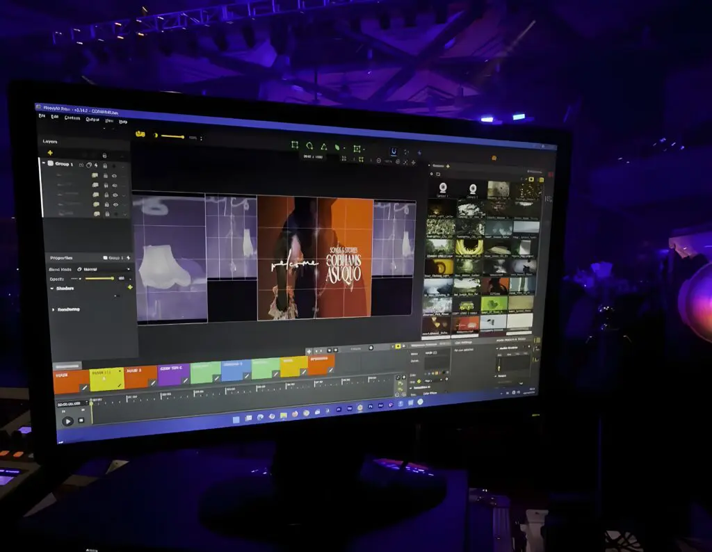 Close-up of HeavyM projection mapping software synchronizing live concert visuals with audio stems.