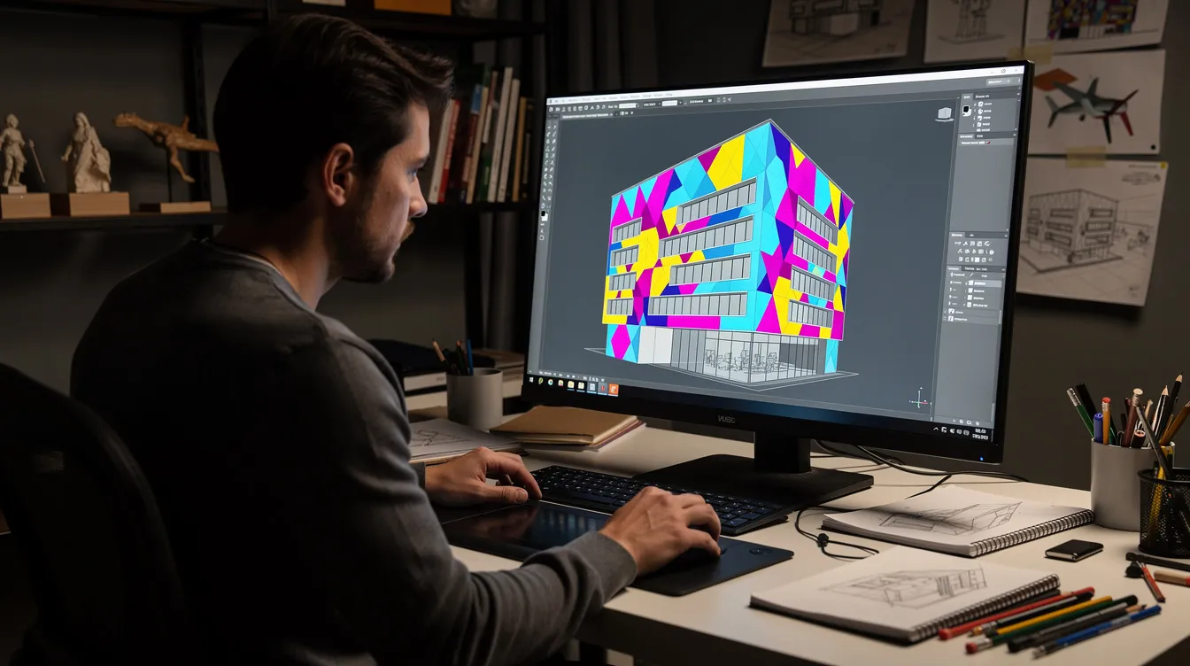An artist is focused on a computer screen displaying colorful geometric patterns that are being mapped onto an outline of a building, showcasing the use of projection mapping software to create immersive experiences. The vibrant visuals suggest the potential for dynamic displays and optical illusions on the projection surface.
