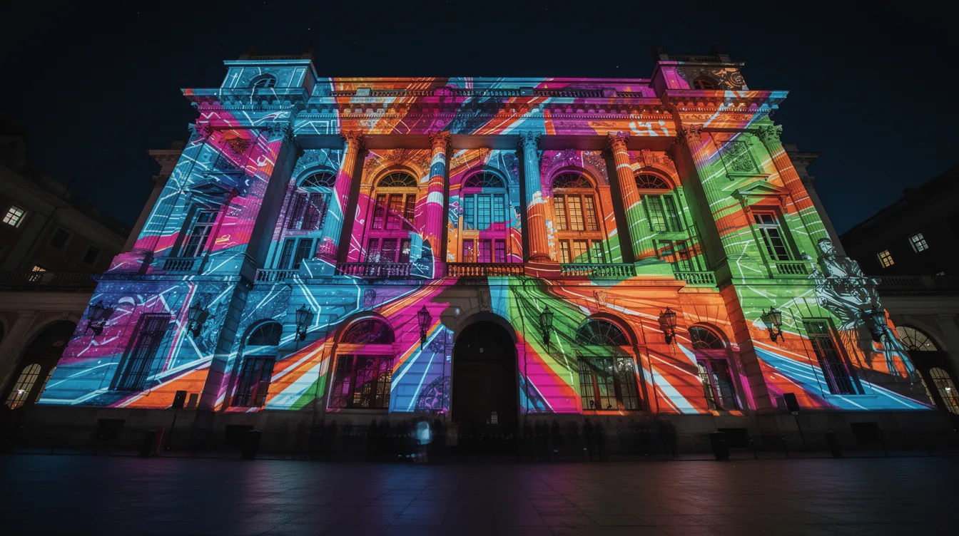 A vibrant projection mapping display illuminates an architectural structure at night, showcasing stunning visuals and interactive elements that create an immersive experience. The colorful patterns and designs highlight the building's features, demonstrating the capabilities of advanced projection mapping tools and technology.