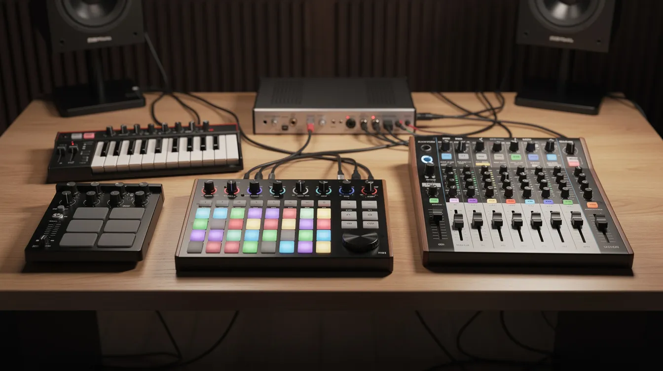 The image displays a variety of MIDI controllers, including a grid pad controller and a fader bank, neatly arranged on a desk, showcasing tools essential for live performances and interactive installations. These versatile devices are integral for creating immersive experiences in visual storytelling and real-time motion graphics.