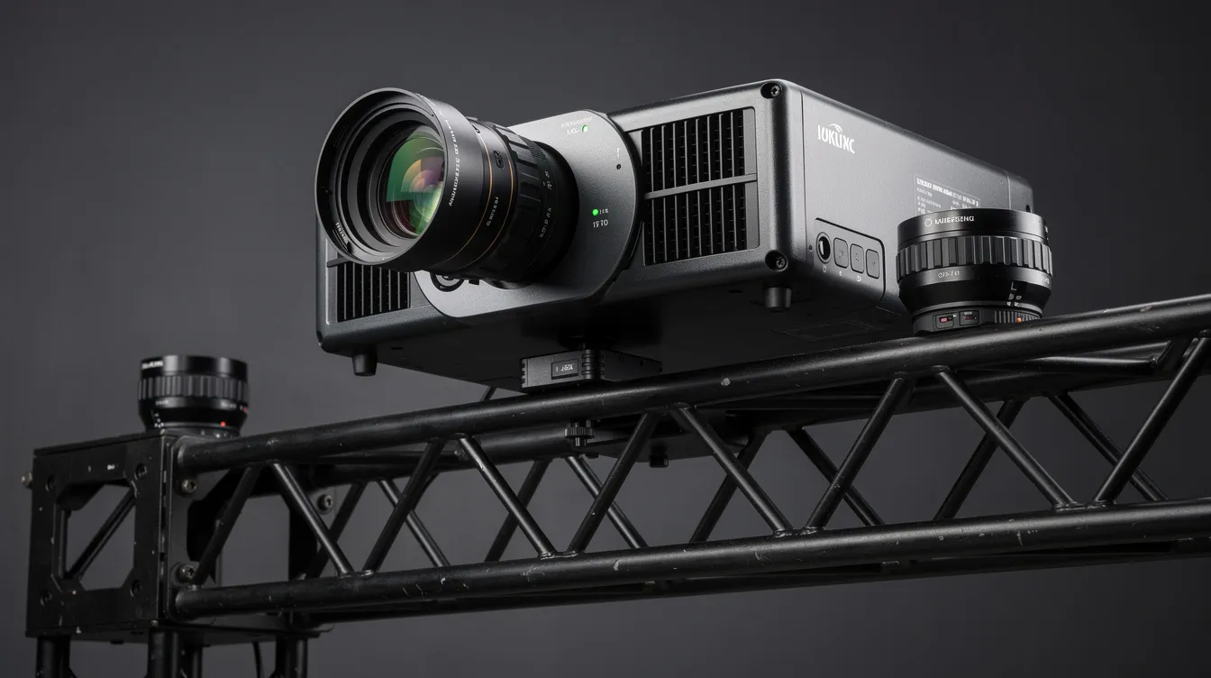 The image features a professional video projector with an interchangeable lens, mounted on a sturdy industrial truss structure, ideal for outdoor projection mapping. This setup highlights the projector's high brightness and color accuracy, making it suitable for delivering stunning visuals during events or performances.