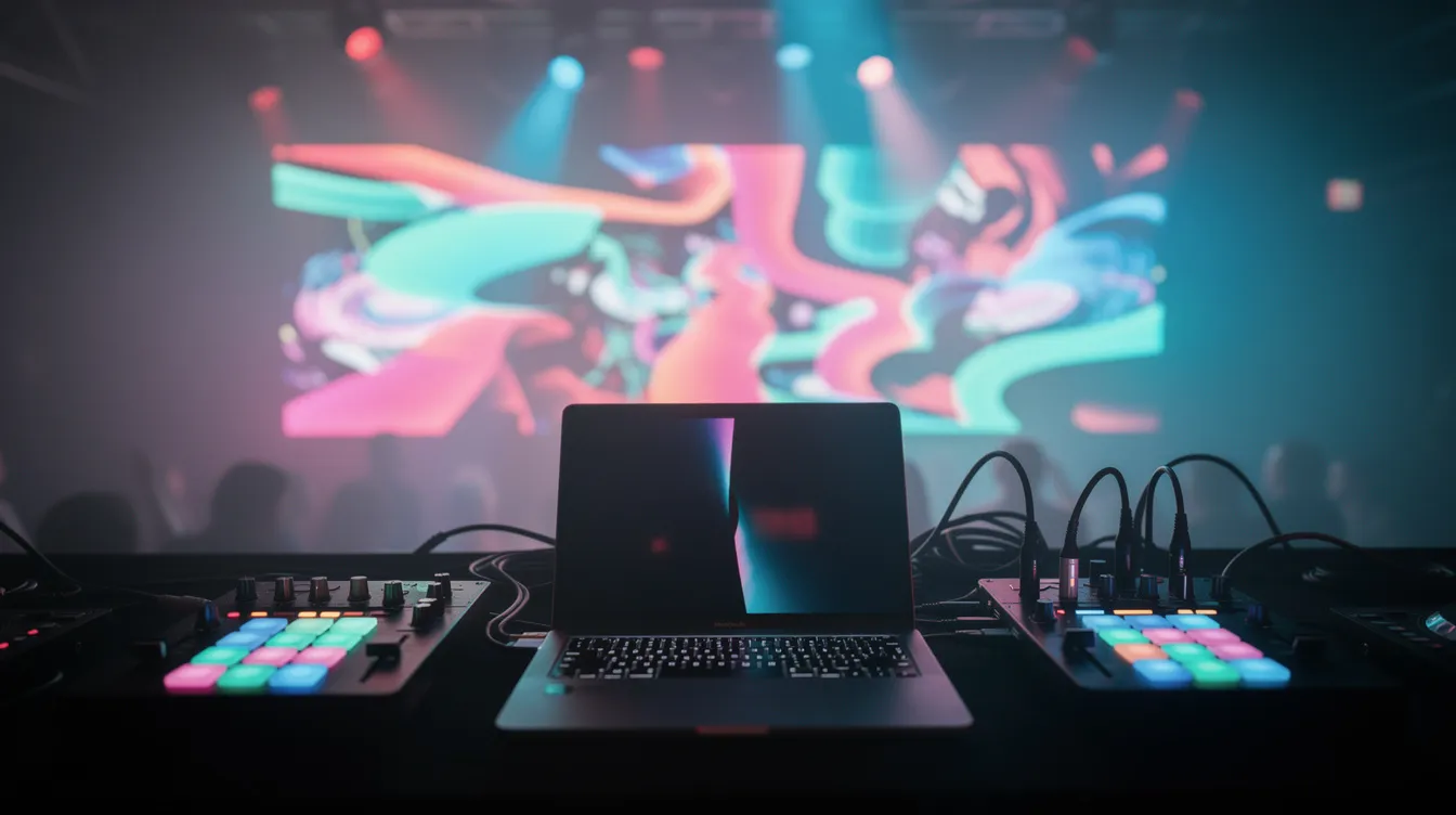 The image showcases a DJ booth setup featuring MIDI controllers and a laptop, surrounded by vibrant and colorful projected visuals in the background. This interactive projection mapping creates an immersive environment, enhancing the live performance experience with stunning visual storytelling.
