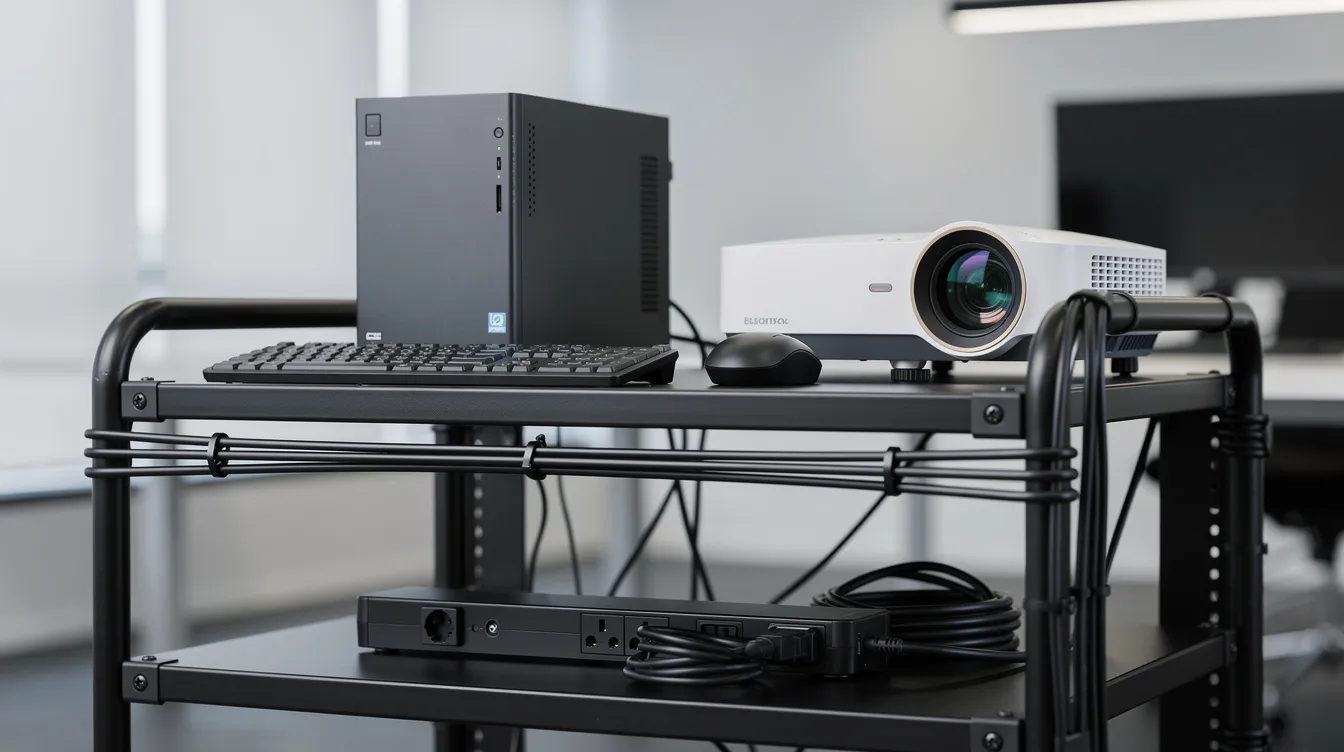 The image features a compact computer setup with neatly organized cables next to a video projector on a professional equipment cart, ideal for projection mapping projects. This arrangement suggests a focus on creating immersive experiences with projected visuals on various surfaces.