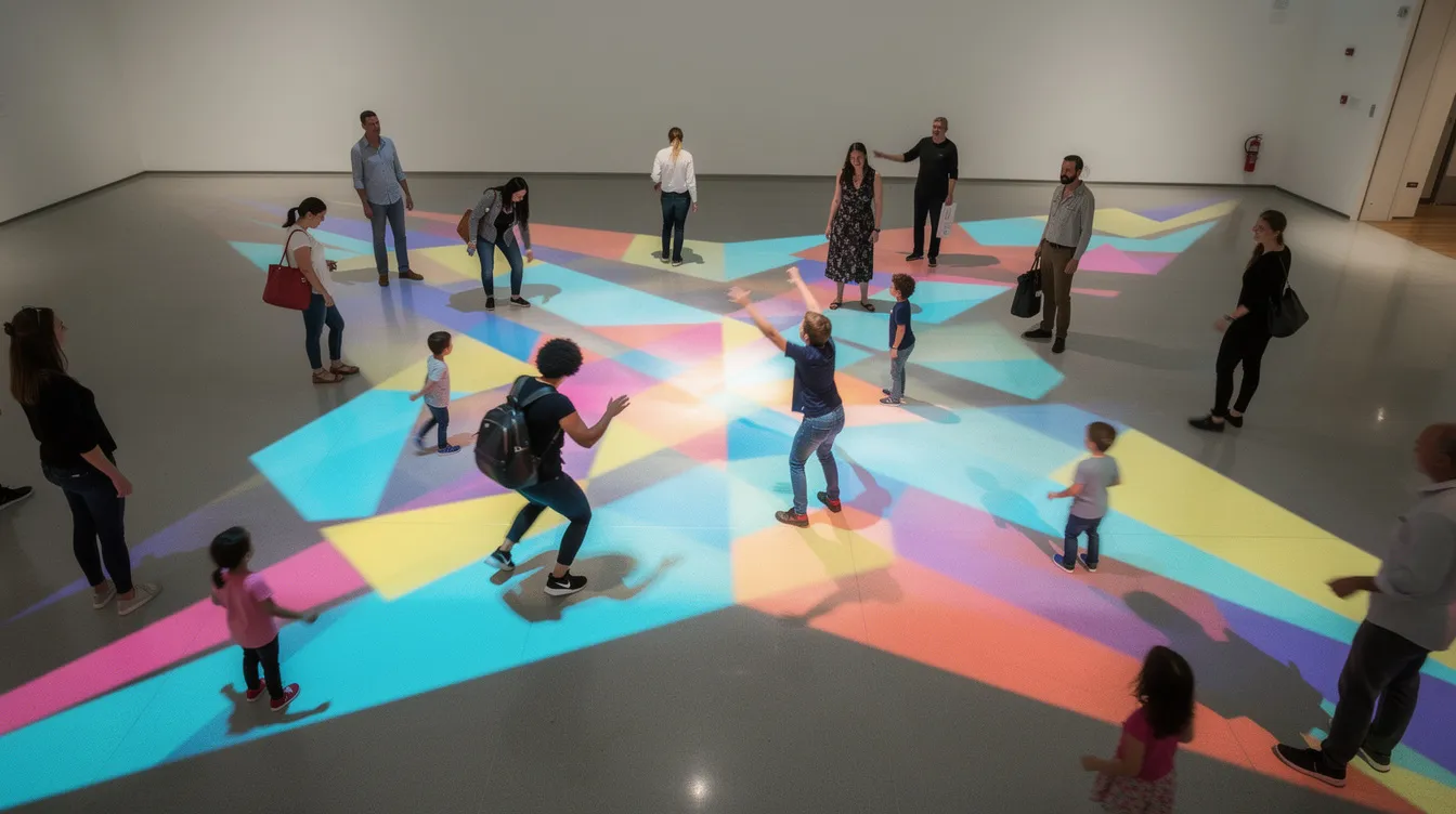 The image depicts people engaging with vibrant, colorful light patterns projected onto the floor of a museum, creating an immersive environment that captivates audiences. This interactive display showcases the innovative use of projection mapping technology, transforming the physical space into a dynamic canvas for art and culture.