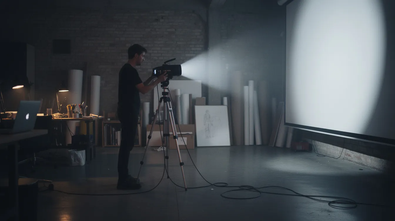 A person is adjusting a video projector aimed at a white wall in a dimly lit creative studio, preparing to create immersive experiences through projection mapping. The setup suggests a focus on dynamic displays and visual content, potentially for a live event or installation.