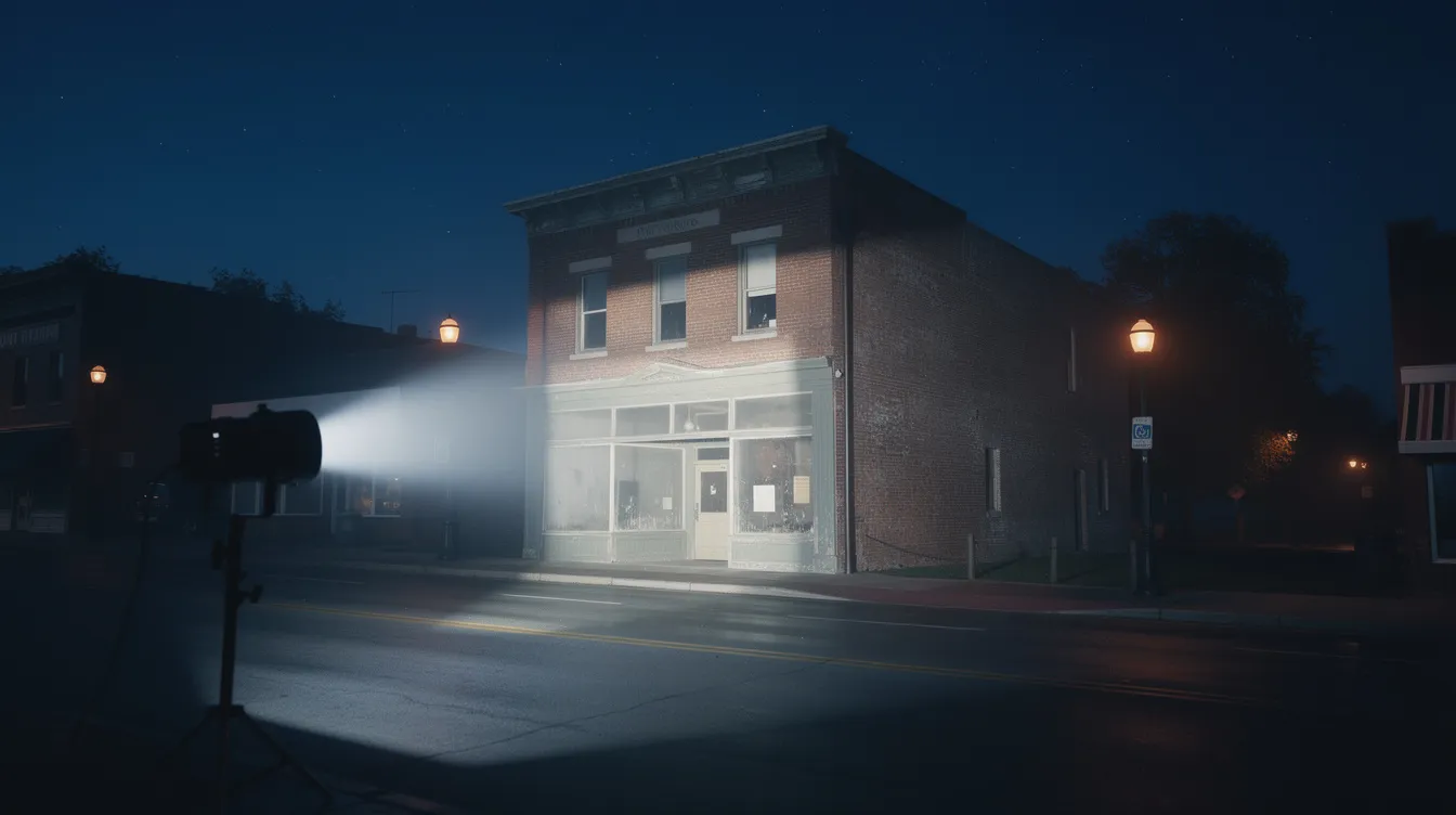 An outdoor video projector illuminates the facade of a small town building at night, creating a vibrant display through projection mapping that transforms the structure into a dynamic canvas for visual content. The projection showcases colorful images, enhancing the building's physical elements and creating an immersive experience for passersby.