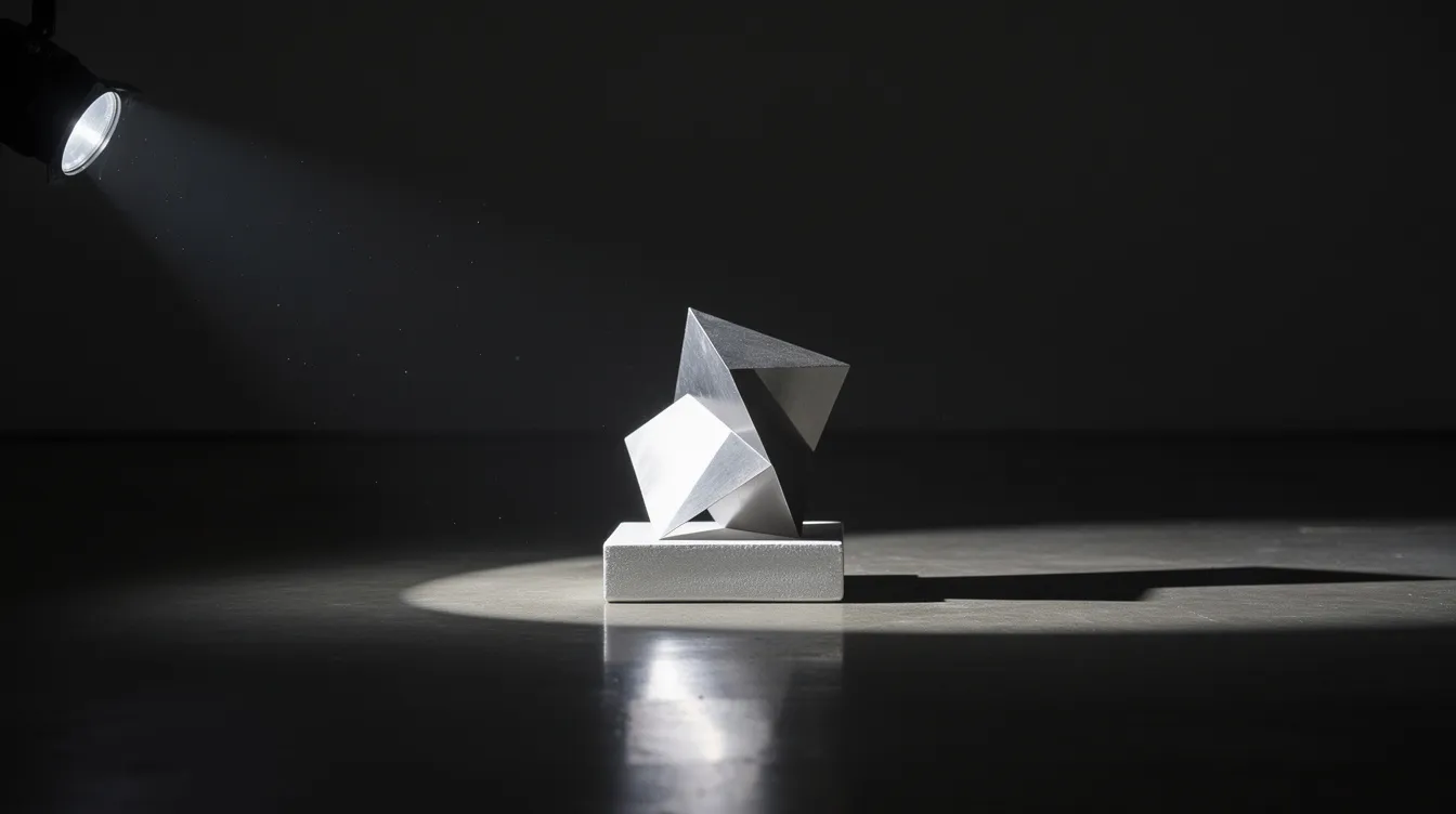 A video projector illuminates a small geometric sculpture in a dark room, creating dynamic displays and optical illusions on its surface. This setup showcases the potential of projection mapping to transform everyday objects into immersive experiences through visual content.