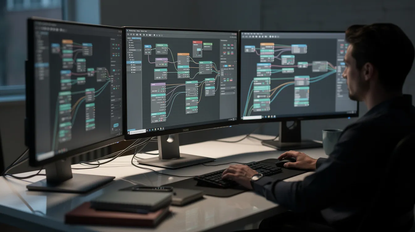 The image shows a person seated at a desk, surrounded by multiple monitors that display intricate node-based visual programming graphs, likely used for creating immersive experiences in projection mapping projects. This setup highlights the use of advanced software tools for video mapping and dynamic displays, essential for artists and developers working on large-scale installations and live events.